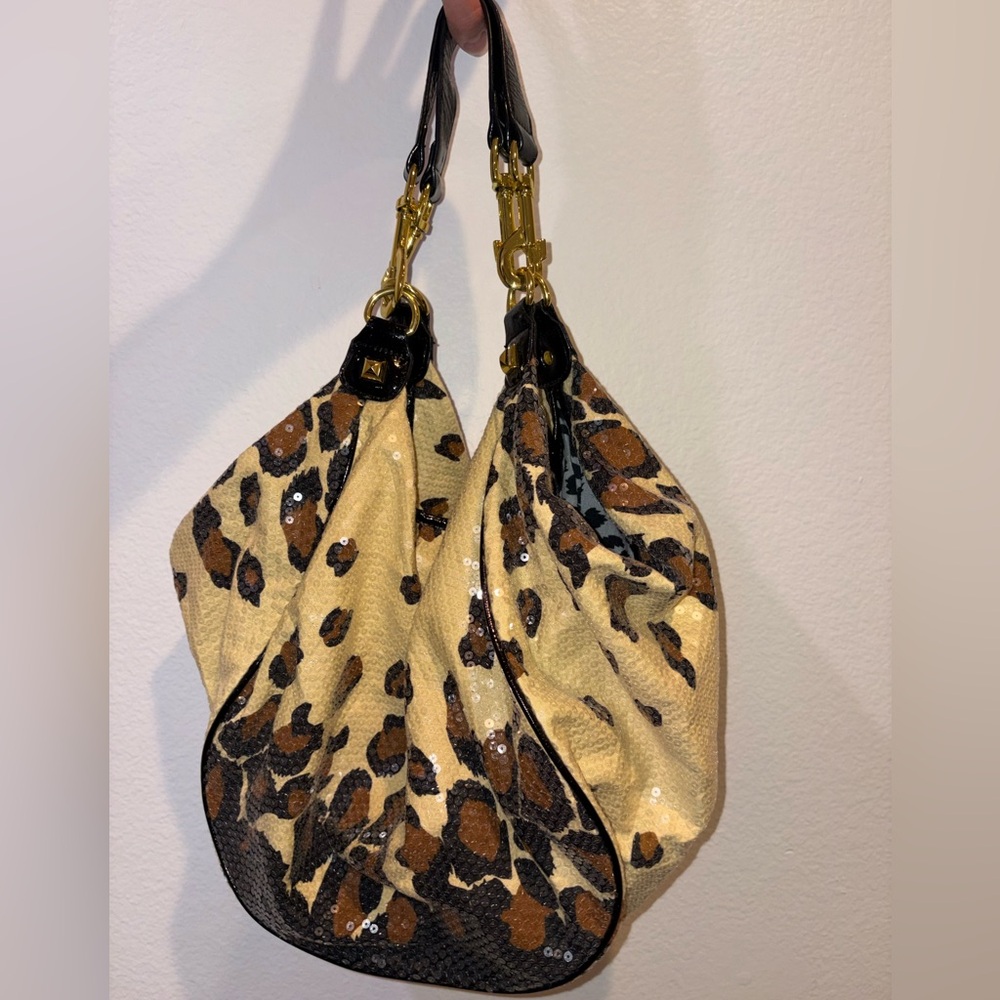 BETSEY JOHNSON Leopard Print Sequin Hobo Bag - Brown/Black